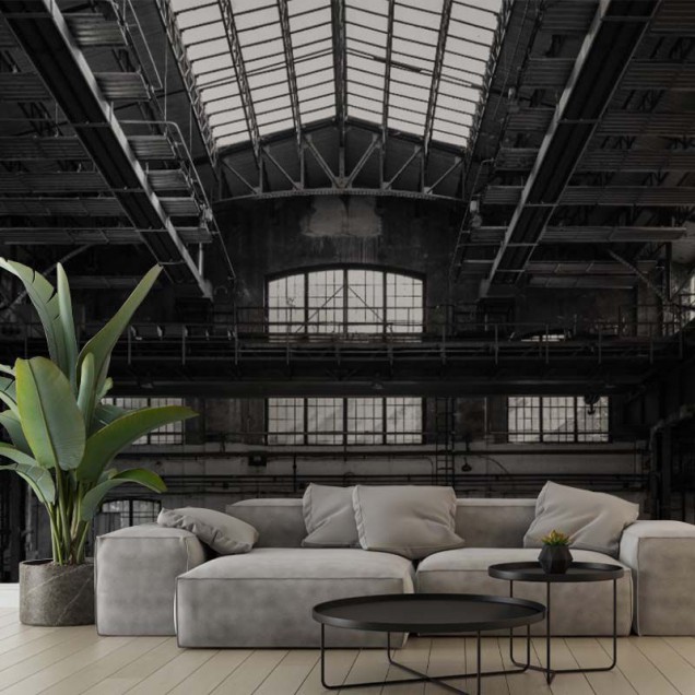 Tapet Industrial Grey, cu un design modern, inspirat de spațiile industriale. Acesta prezintă o imagine a unui hală cu o structură metalică și ferestre mari, în nuanțe de gri.