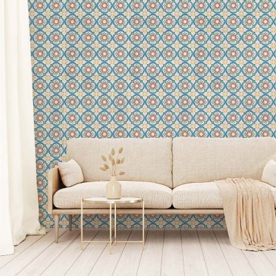Tapet cu design floral oriental în nuanțe de albastru și galben auriu