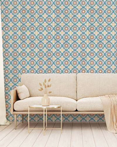 Tapet cu design floral oriental în nuanțe de albastru și galben auriu