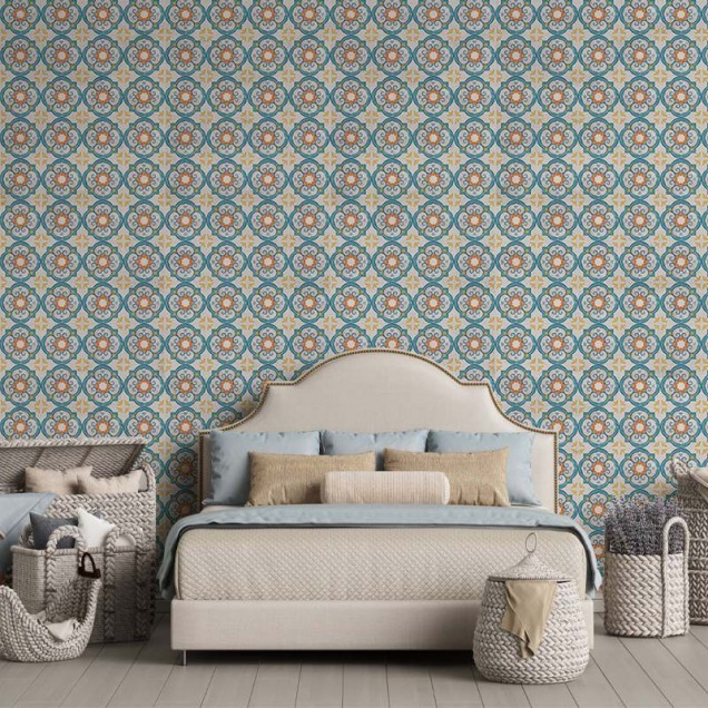 Tapet cu design floral oriental în nuanțe de albastru și galben auriu