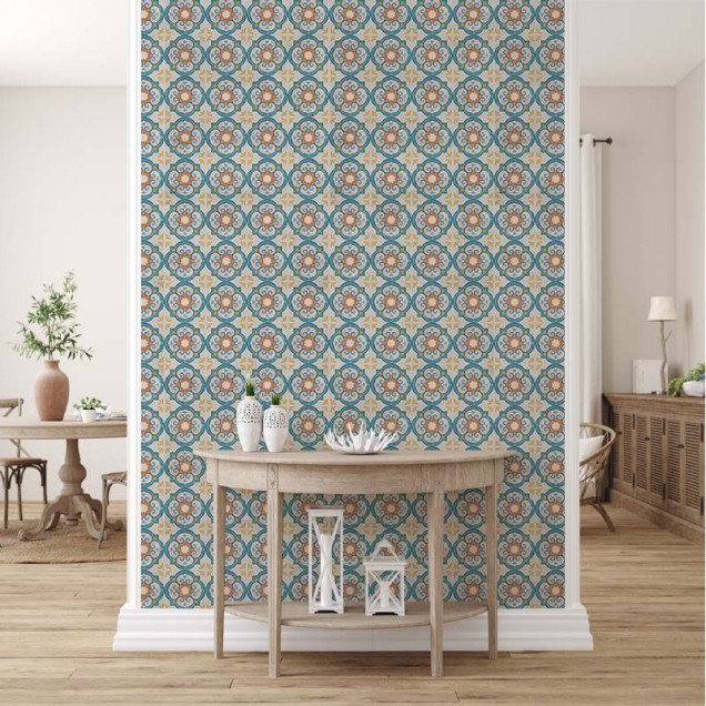 Tapet cu design floral oriental în nuanțe de albastru și galben auriu