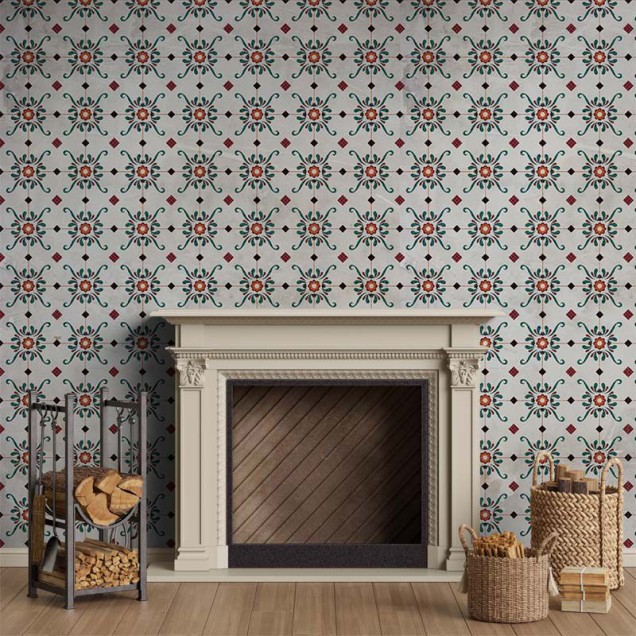 Tapet cu motive orientale, cu dale geometrice de culoare verde și roșie pe un fundal alb. Designul elegant și modern adaugă o notă de rafinament spațiului.