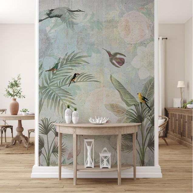 Tapet Bright Sensation cu păsări tropicale vibrante și frunze luxuriante, pe un fundal delicat de beton