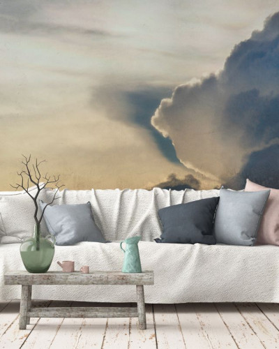 Tapet Dark Clouds cu un design abstract cu nori în nuanțe de albastru, gri și alb. Tapetul este perfect pentru dormitor sau living, creând o atmosferă relaxantă.