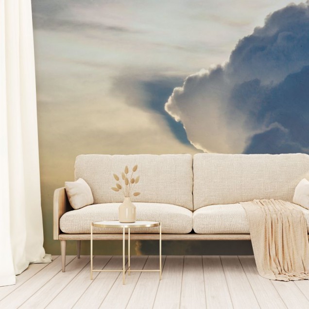 Tapet Dark Clouds cu un design abstract cu nori în nuanțe de albastru, gri și alb. Tapetul este perfect pentru dormitor sau living, creând o atmosferă relaxantă.