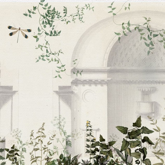 Tapet Green Oasis, cu o imagine artistică a unei clădiri cu o cupolă, înconjurată de viță de vie luxuriantă, creând o atmosferă relaxantă și sofisticată.
