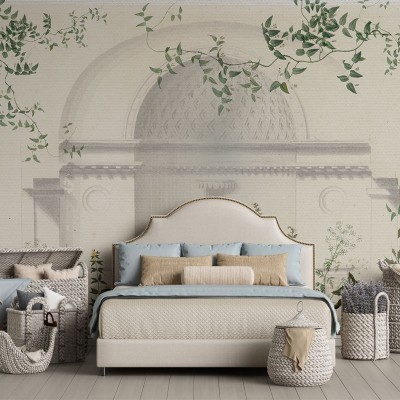 Tapet Green Oasis, cu o imagine artistică a unei clădiri cu o cupolă, înconjurată de viță de vie luxuriantă, creând o atmosferă relaxantă și sofisticată.