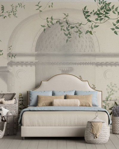 Tapet Green Oasis, cu o imagine artistică a unei clădiri cu o cupolă, înconjurată de viță de vie luxuriantă, creând o atmosferă relaxantă și sofisticată.