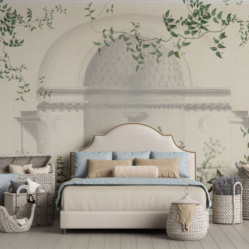 Tapet Green Oasis, cu o imagine artistică a unei clădiri cu o cupolă, înconjurată de viță de vie luxuriantă, creând o atmosferă relaxantă și sofisticată.