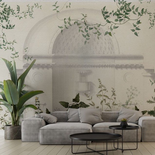 Tapet Green Oasis, cu o imagine artistică a unei clădiri cu o cupolă, înconjurată de viță de vie luxuriantă, creând o atmosferă relaxantă și sofisticată.