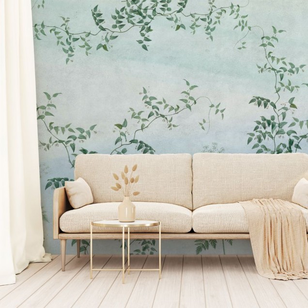 Tapet floral Pastel Jasmine, cu nuanțe delicate de verde și flori albe, ideal pentru a crea o atmosferă elegantă și relaxantă în dormitor, living sau hol.