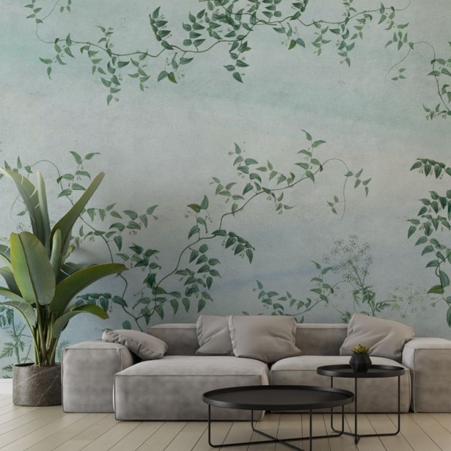 Tapet floral Pastel Jasmine, cu nuanțe delicate de verde și flori albe, ideal pentru a crea o atmosferă elegantă și relaxantă în dormitor, living sau hol.