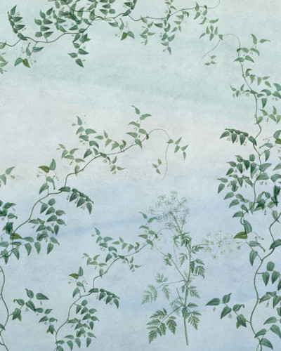Tapet floral Pastel Jasmine, cu nuanțe delicate de verde și flori albe, ideal pentru a crea o atmosferă elegantă și relaxantă în dormitor, living sau hol.