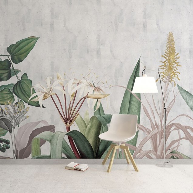 Tapet modern Elegant Flora, cu un design floral tropical, cu frunze bogate, flori albe delicate și o pasăre exotică colorată.