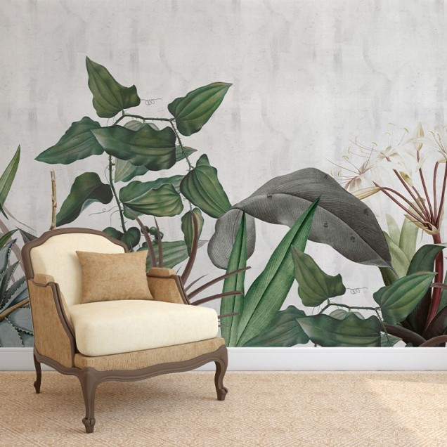 Tapet modern Elegant Flora, cu un design floral tropical, cu frunze bogate, flori albe delicate și o pasăre exotică colorată.