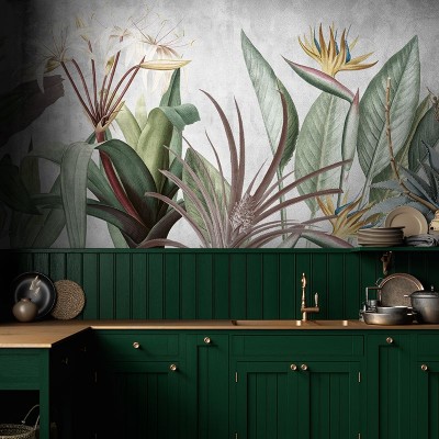 Tapet modern Elegant Flora, cu un design floral tropical, cu frunze bogate, flori albe delicate și o pasăre exotică colorată.