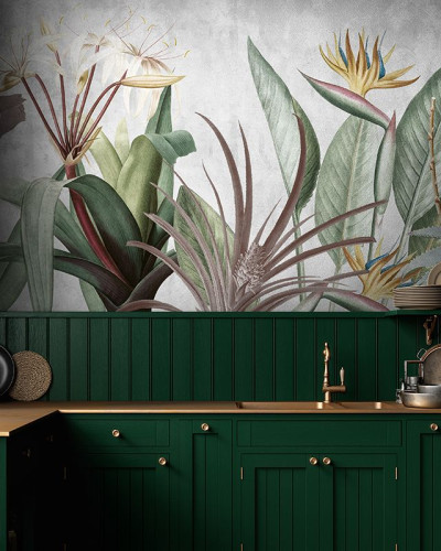 Tapet modern Elegant Flora, cu un design floral tropical, cu frunze bogate, flori albe delicate și o pasăre exotică colorată.