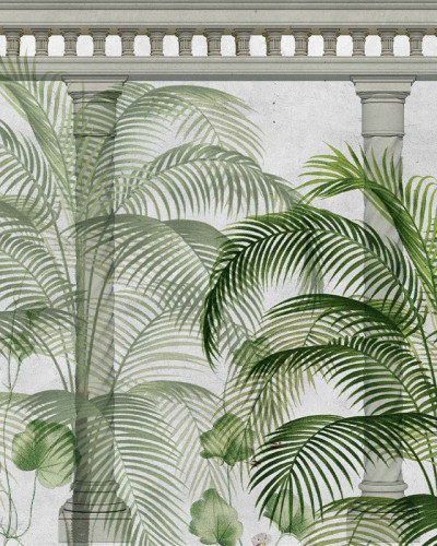 Tapet modern Ancient Green cu palmieri tropicali și coloane elegante