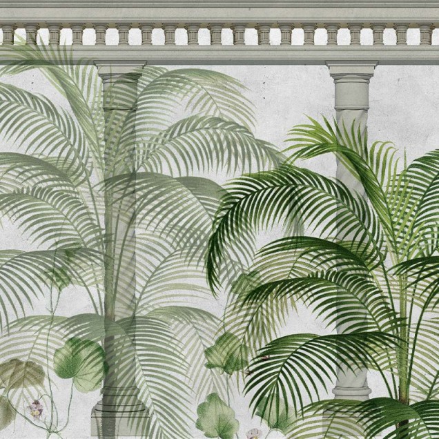 Tapet modern Ancient Green cu palmieri tropicali și coloane elegante
