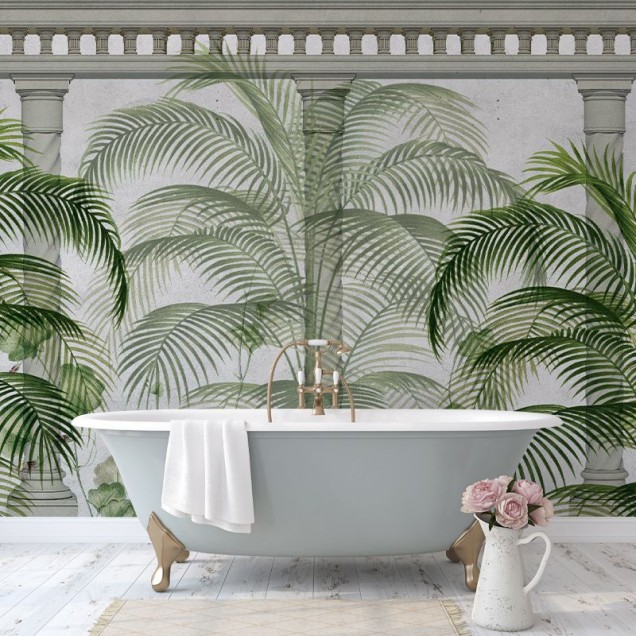 Tapet modern Ancient Green cu palmieri tropicali și coloane elegante