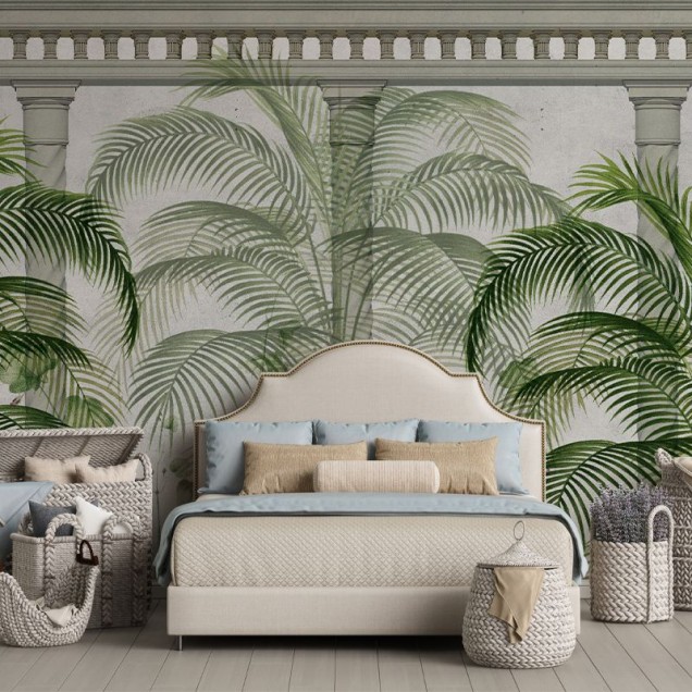 Tapet modern Ancient Green cu palmieri tropicali și coloane elegante