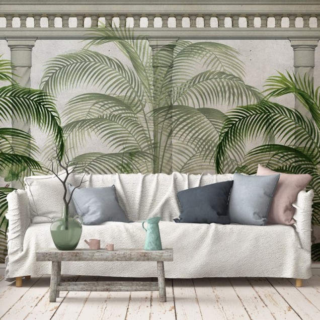 Tapet modern Ancient Green cu palmieri tropicali și coloane elegante