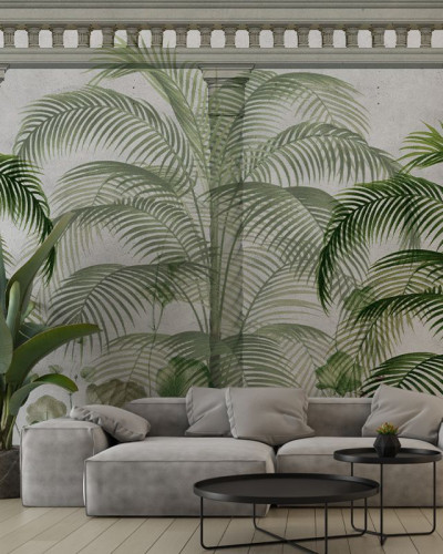 Tapet modern Ancient Green cu palmieri tropicali și coloane elegante