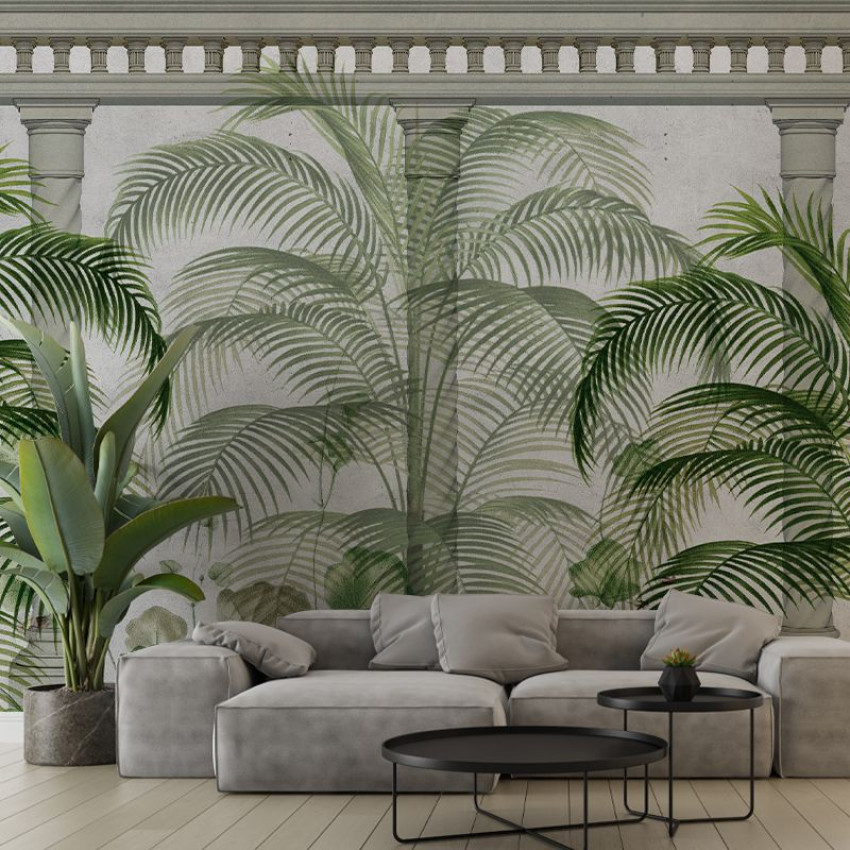 Tapet modern Ancient Green cu palmieri tropicali și coloane elegante