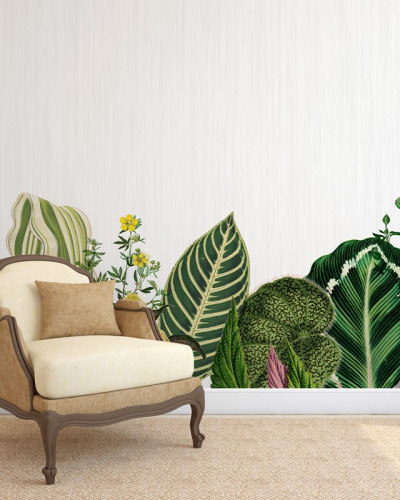 Tapet cu design botanic, cu frunze luxuriante și flori delicate, pe un fundal alb.