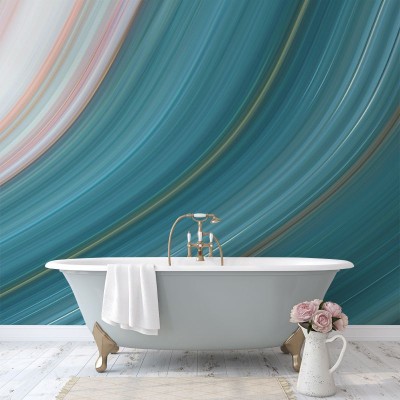 Tapet cu design abstract cu linii curbe, în nuanțe de albastru și roz pal, perfect pentru decorarea pereților din dormitor, living sau baie.