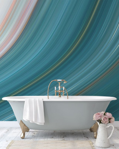 Tapet cu design abstract cu linii curbe, în nuanțe de albastru și roz pal, perfect pentru decorarea pereților din dormitor, living sau baie.
