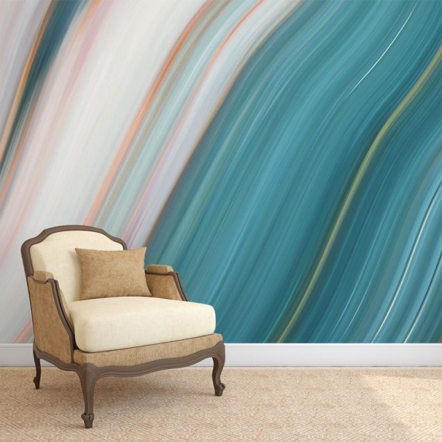 Tapet cu design abstract cu linii curbe, în nuanțe de albastru și roz pal, perfect pentru decorarea pereților din dormitor, living sau baie.