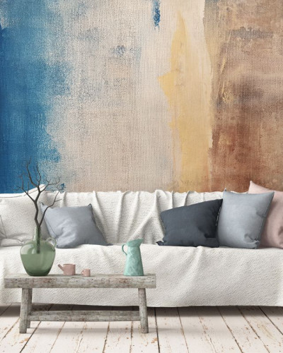 Tapet abstract Ocean Front Fresco cu nuanțe de albastru, galben și maro