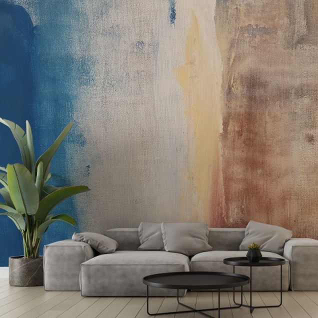 Tapet abstract Ocean Front Fresco cu nuanțe de albastru, galben și maro