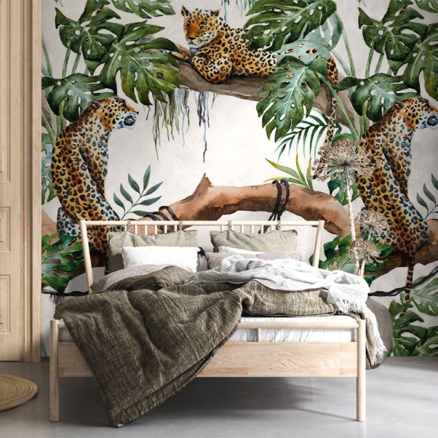Tapet cu leoparzi în junglă, design exotic