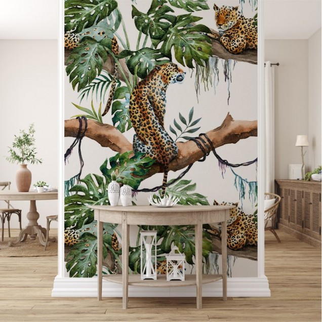 Tapet cu leoparzi în junglă, design exotic