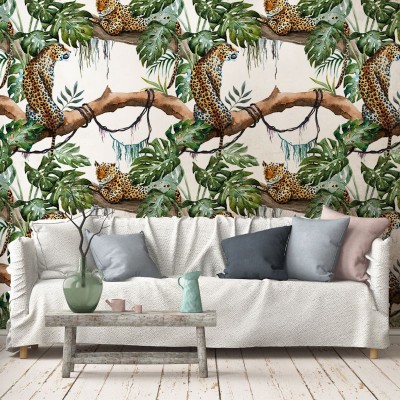 Tapet cu leoparzi în junglă, design exotic