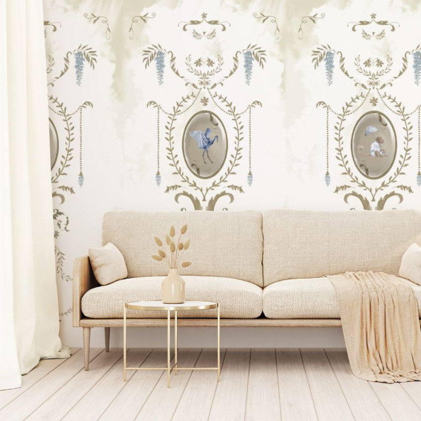 Tapet cu un design elegant, cu animale regale și motive florale, pe un fundal negru.