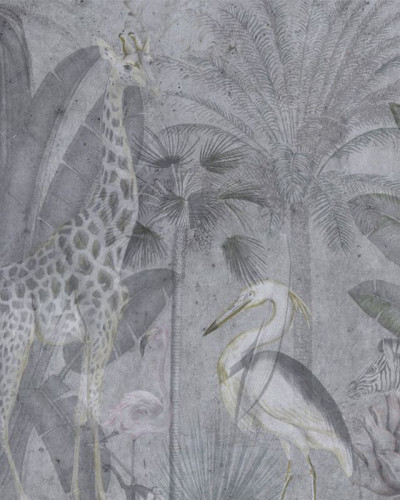 Tapet Abstract Jungle, cu design exotic, cu animale sălbatice și vegetație luxuriantă.