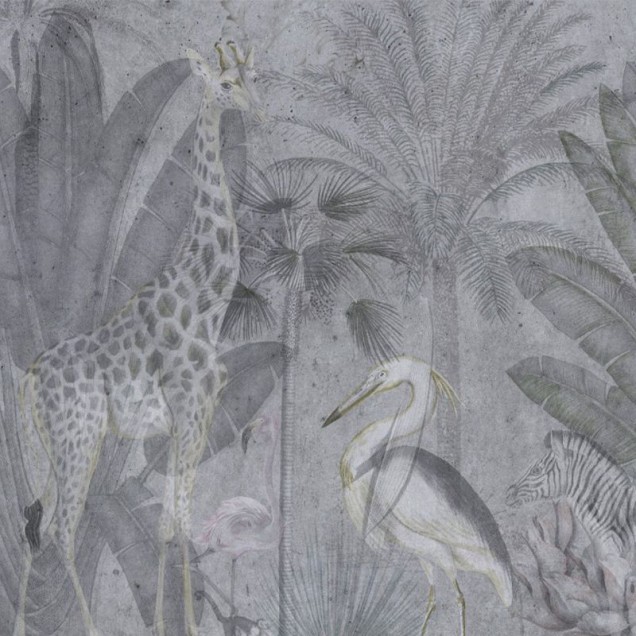 Tapet Abstract Jungle, cu design exotic, cu animale sălbatice și vegetație luxuriantă.