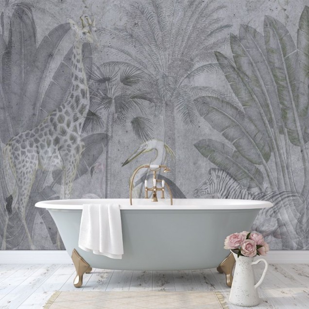 Tapet Abstract Jungle, cu design exotic, cu animale sălbatice și vegetație luxuriantă.