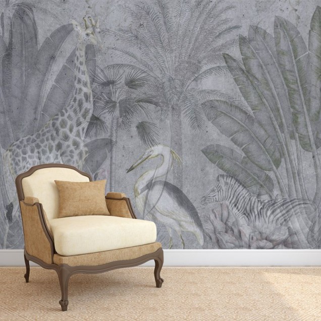 Tapet Abstract Jungle, cu design exotic, cu animale sălbatice și vegetație luxuriantă.