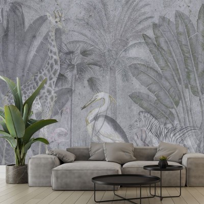 Tapet Abstract Jungle, cu design exotic, cu animale sălbatice și vegetație luxuriantă.