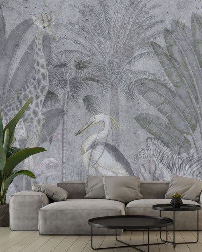 Tapet Abstract Jungle, cu design exotic, cu animale sălbatice și vegetație luxuriantă.