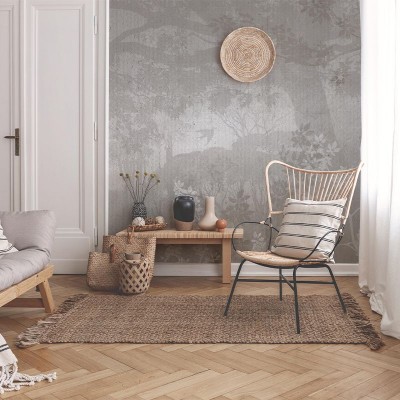 Tapet modern cu design minimalist, cu umbrele subtile ale ramurilor copacilor pe un fundal gri.