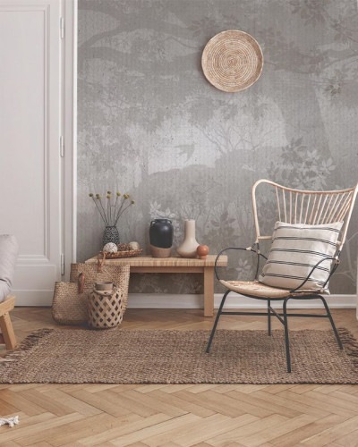 Tapet modern cu design minimalist, cu umbrele subtile ale ramurilor copacilor pe un fundal gri.