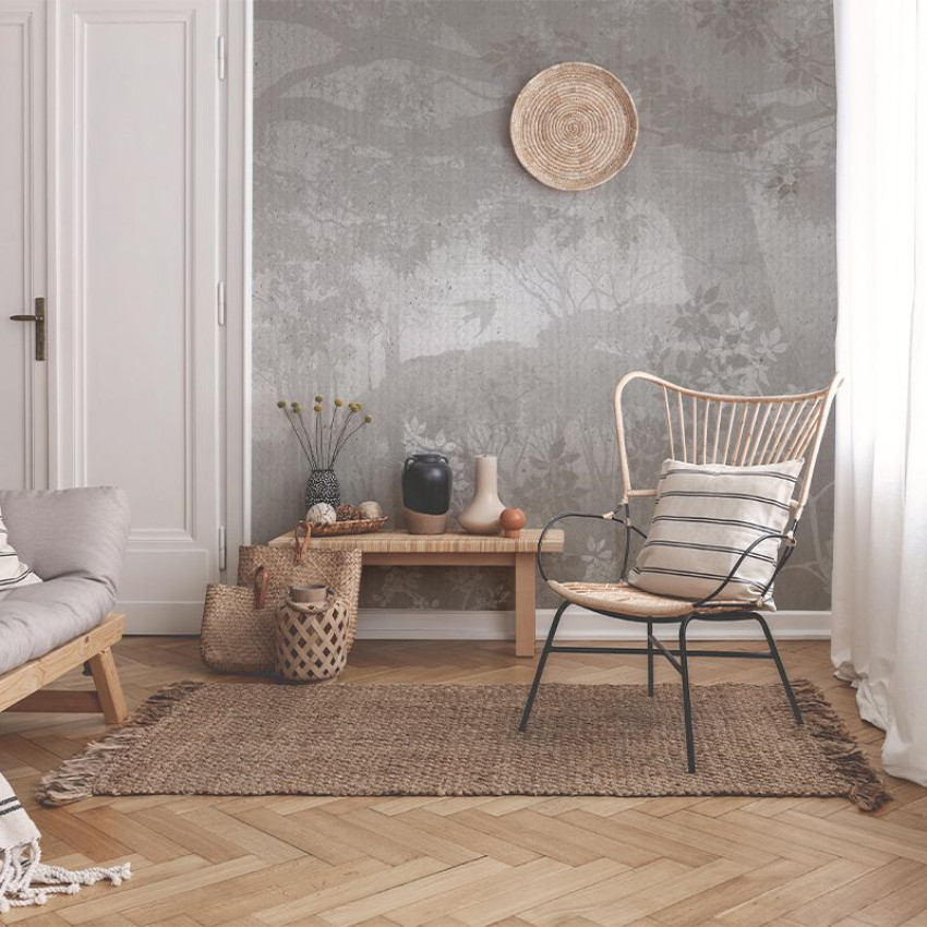 Tapet modern cu design minimalist, cu umbrele subtile ale ramurilor copacilor pe un fundal gri.