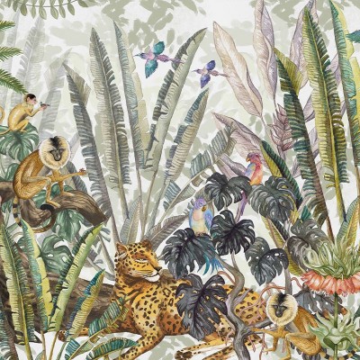 Tapet Wonderland Jungle, cu design de junglă tropicală, cu palmieri, păsări tropicale și maimuțe