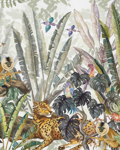 Tapet Wonderland Jungle, cu design de junglă tropicală, cu palmieri, păsări tropicale și maimuțe