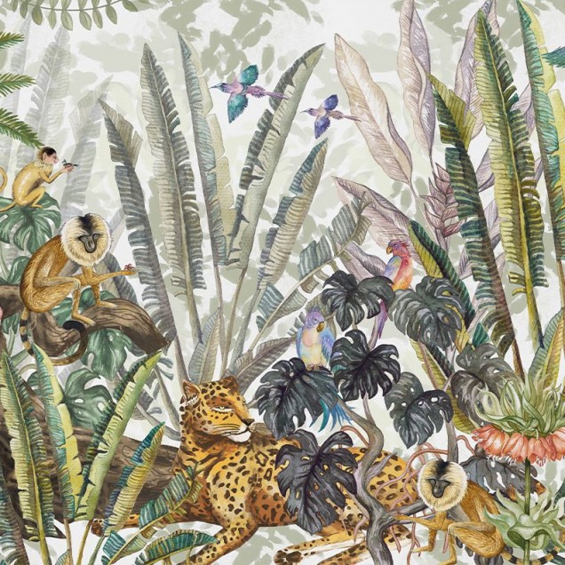 Tapet Wonderland Jungle, cu design de junglă tropicală, cu palmieri, păsări tropicale și maimuțe